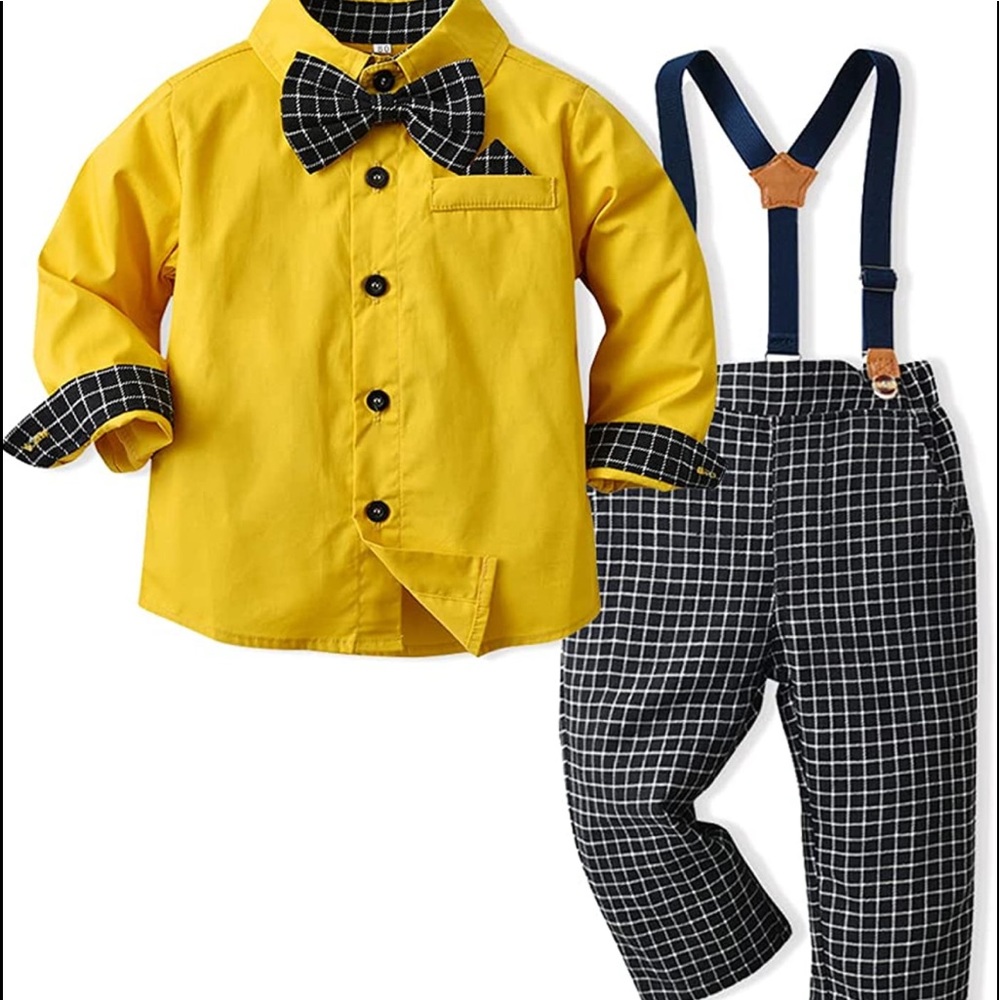 Boys' 3-Piece Dress up Pants Set Outfit, Long Sleeve, Bow Tie Shirts+Suspenders